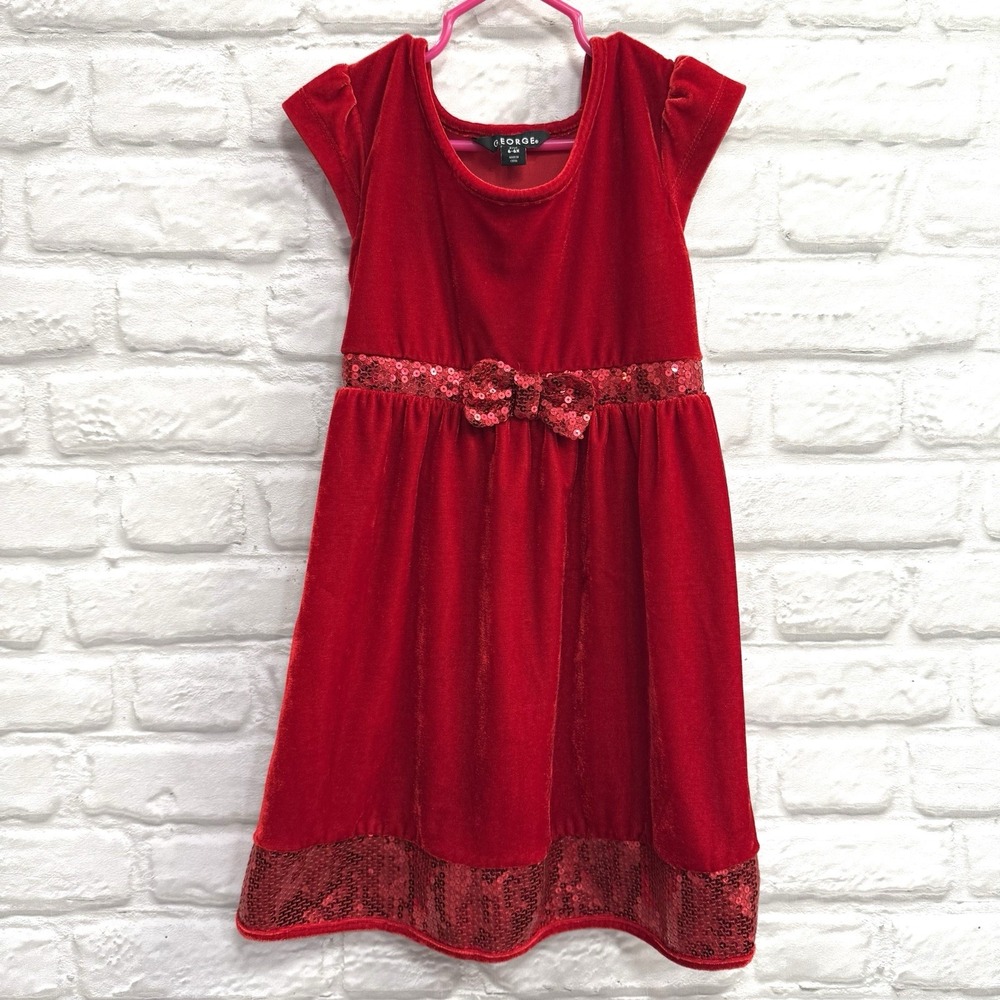 George Girls Size 6/6 Red Velvet & Sequin Christmas Holiday Dress Formal  w/ Bow